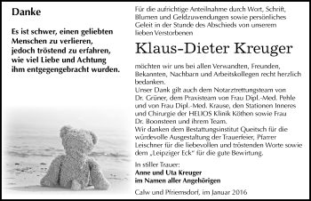 Traueranzeige von Klaus-Dieter Kreuger von Mitteldeutsche Zeitung Köthen