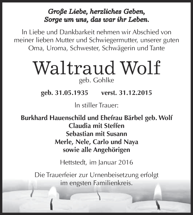  Traueranzeige für Waltraud Wolf vom 13.01.2016 aus Wochenspiegel Mansfelder Land