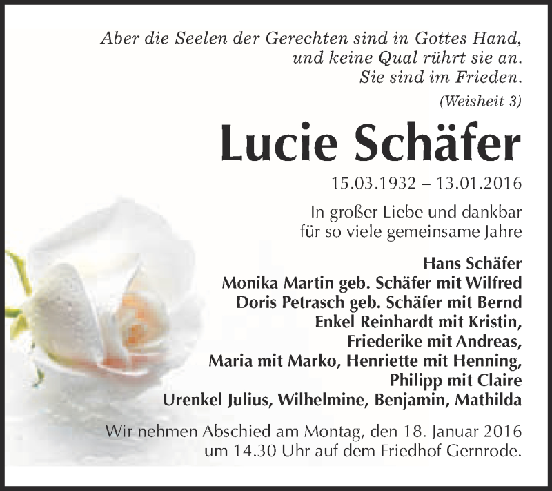  Traueranzeige für Lucie Schäfer vom 16.01.2016 aus WVG - Wochenspiegel Quedlinburg