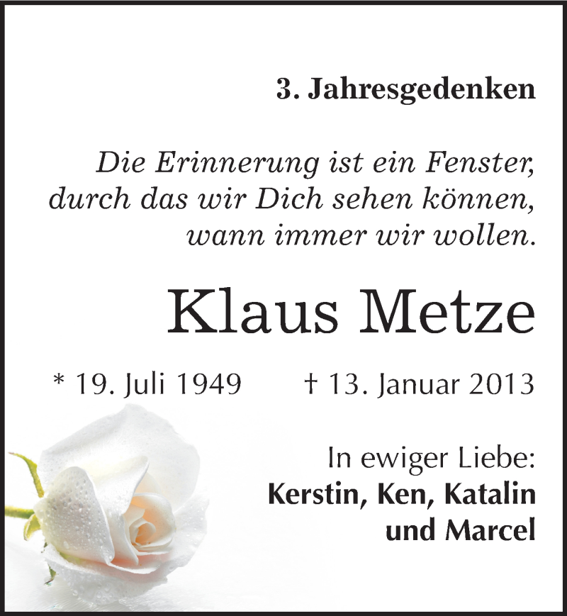  Traueranzeige für Klaus Metze vom 13.01.2016 aus Mitteldeutsche Zeitung Halle/Saalkreis