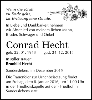 Traueranzeige von Conrad Hecht von Mitteldeutsche Zeitung Mansfelder Land