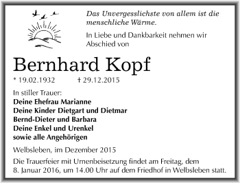 Traueranzeige von Bernhard Kopf von Mitteldeutsche Zeitung Mansfelder Land