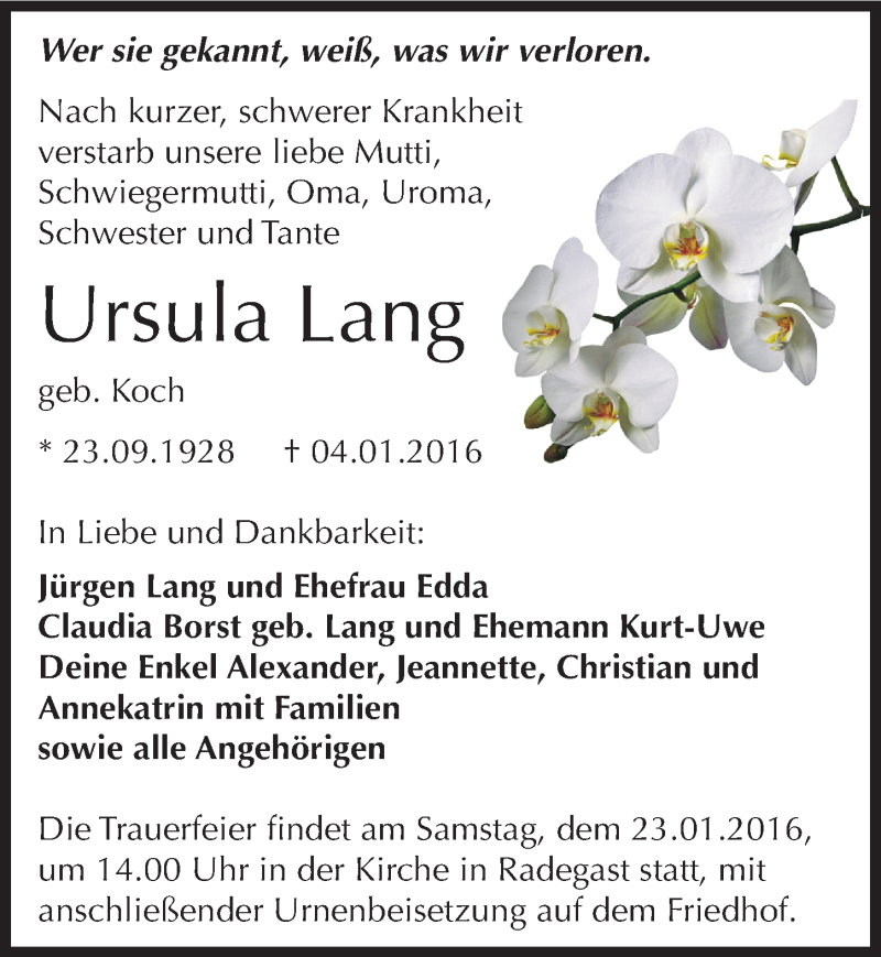 Traueranzeige für Ursula Lang vom 08.01.2016 aus Mitteldeutsche Zeitung Köthen