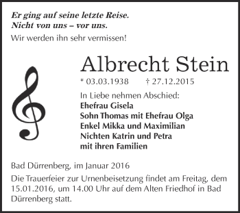 Traueranzeige von Albrecht Stein von Super Sonntag Merseburg