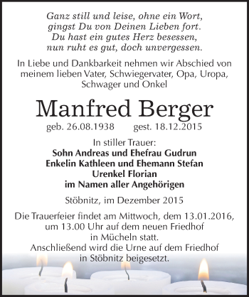 Traueranzeige von Manfred Berger von Mitteldeutsche Zeitung Merseburg/Querfurt