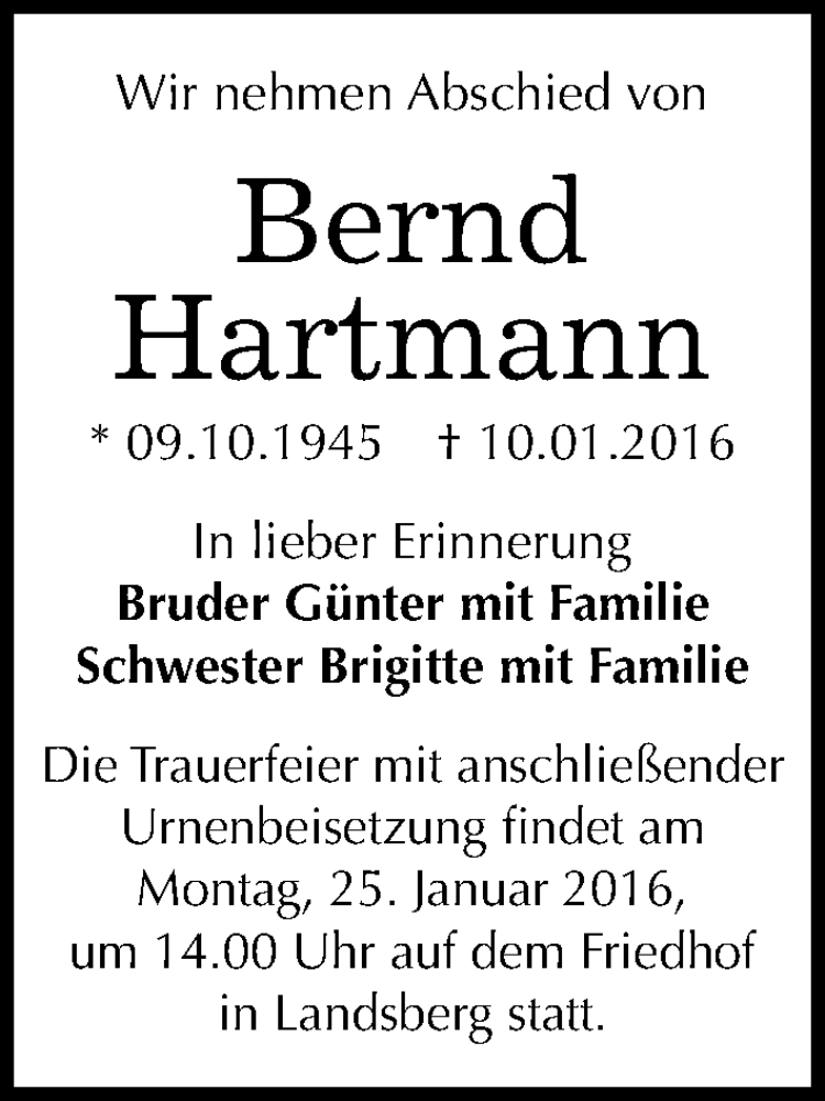  Traueranzeige für Bernd Hartmann vom 16.01.2016 aus Mitteldeutsche Zeitung Halle/Saalkreis
