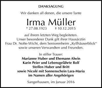 Traueranzeige von Irma Müller von Mitteldeutsche Zeitung Sangerhausen