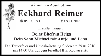 Traueranzeige von Eckhard Reimer von WVG - Wochenspiegel Dessau / Köthen
