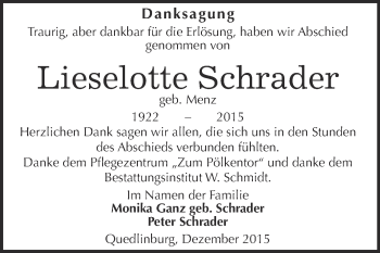 Traueranzeige von Lieselotte Schrader von Super Sonntag Quedlinburg