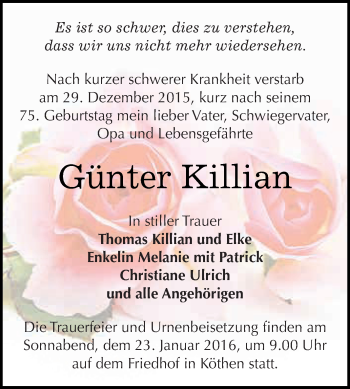 Traueranzeige von Günter Killian von WVG - Wochenspiegel Dessau / Köthen