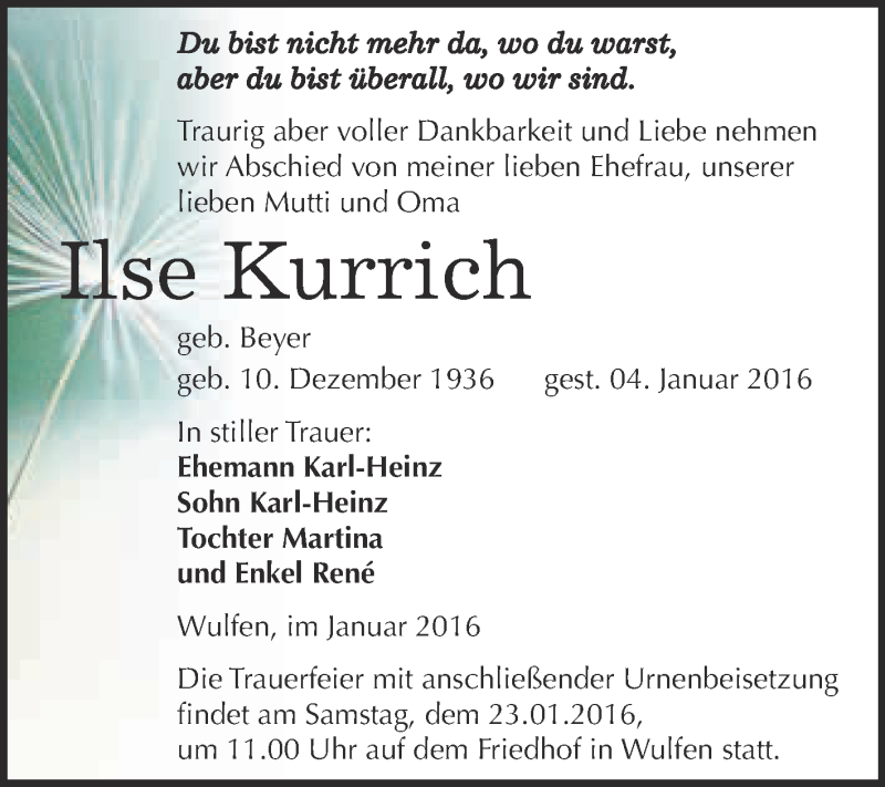  Traueranzeige für Ilse Kurrich vom 16.01.2016 aus WVG - Wochenspiegel Dessau / Köthen