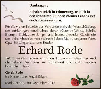 Traueranzeige von Erhard Rode von Super Sonntag Zeitz