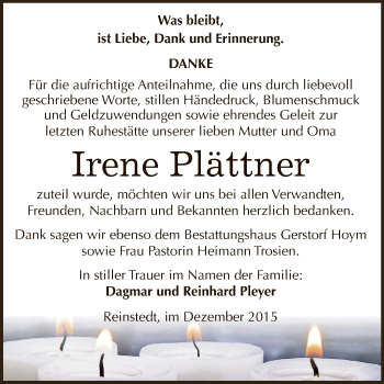 Traueranzeige von Irene Plättner von Super Sonntag Aschersleben