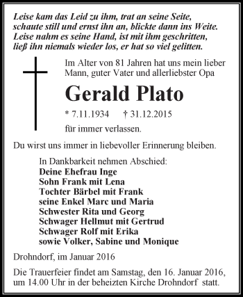 Traueranzeige von Gerald Plato von Super Sonntag Aschersleben