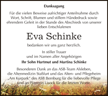 Traueranzeige von Eva Schinke von Super Sonntag Bernburg