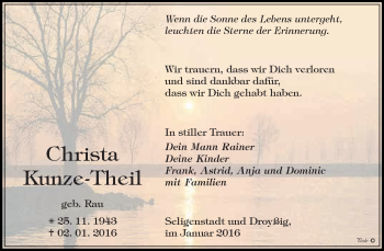 Traueranzeige von Christa Kunze-Theil von Super Sonntag Zeitz