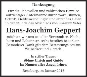 Traueranzeige von Hans-Joachim Geppert von Super Sonntag Bernburg