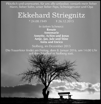 Traueranzeige von Ekkehard Striegnitz von Mitteldeutsche Zeitung Sangerhausen