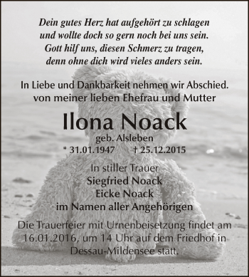 Traueranzeige von Ilona Noack von WVG - Wochenspiegel Dessau / Köthen