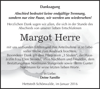 Traueranzeige von Margot Herre von Wochenspiegel Mansfelder Land