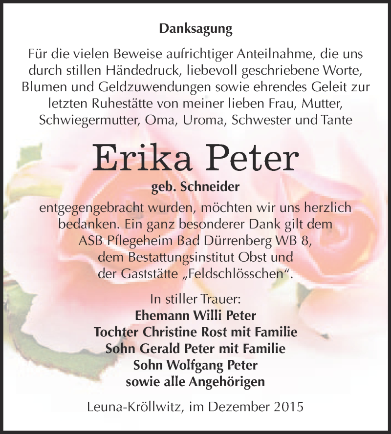  Traueranzeige für Erika Peter vom 16.01.2016 aus Super Sonntag Merseburg