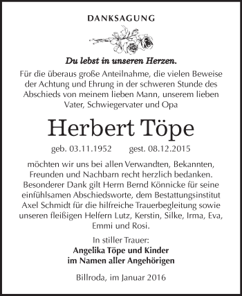 Traueranzeige von Herbert Töpe von WVG - Wochenspiegel NMB / WSF / ZTZ