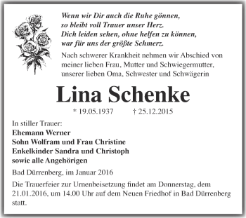 Traueranzeige von Lina Schenke von WVG - Wochenspiegel Merseburg
