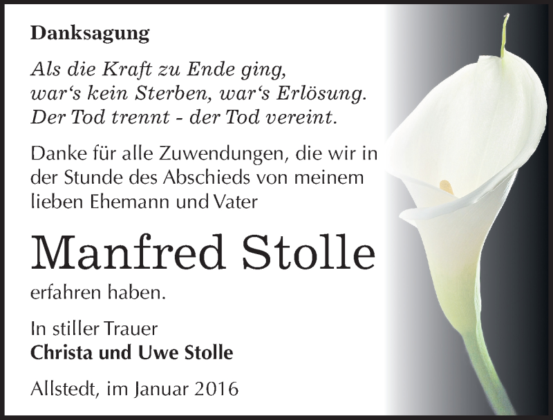  Traueranzeige für Manfred Stolle vom 09.01.2016 aus Mitteldeutsche Zeitung Sangerhausen