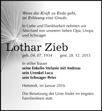 Traueranzeige von Lothar Zieb von Mitteldeutsche Zeitung Mansfelder Land