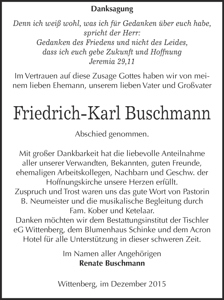  Traueranzeige für Friedrich-Karl Buschmann vom 09.01.2016 aus WVG - Wochenspiegel Wittenberg