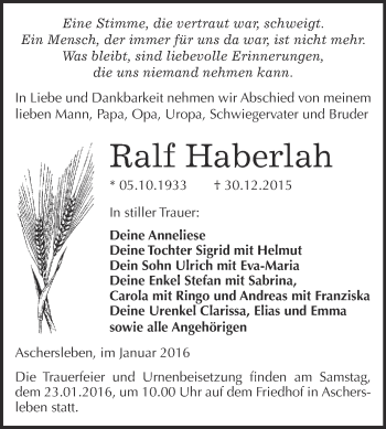 Traueranzeige von Ralf Haberlah von Super Sonntag Aschersleben