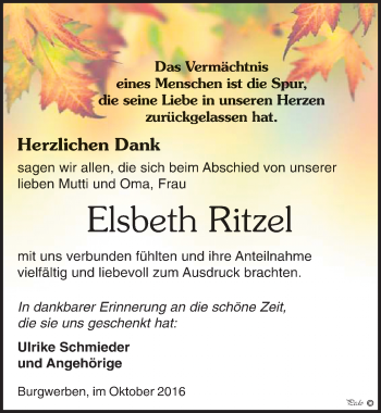 Traueranzeige von Elsbeth Ritzel von Mitteldeutsche Zeitung Weißenfels