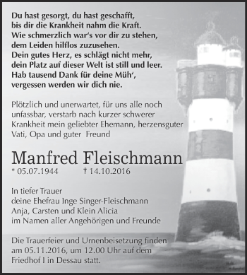Traueranzeige von Manfred Fleischmann von WVG - Wochenspiegel Dessau / Köthen