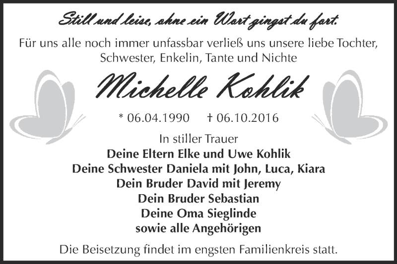  Traueranzeige für Michelle Kohlik vom 15.10.2016 aus WVG - Wochenspiegel Dessau / Köthen