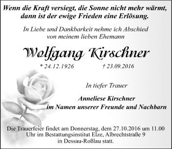 Traueranzeige von Wolfgang Kirschner von Mitteldeutsche Zeitung Dessau-Roßlau