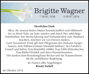 Traueranzeige von Brigitte Wagner von Super Sonntag SGH Mansf. Land