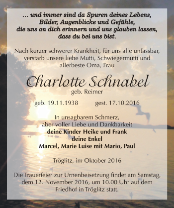 Traueranzeige von Charlotte Schnabel von Mitteldeutsche Zeitung Zeitz