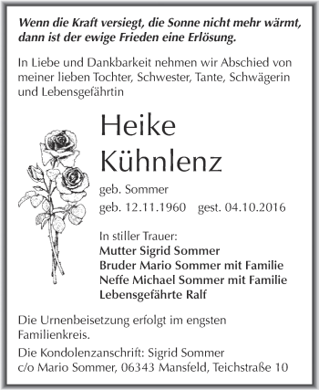 Traueranzeige von Heike Kühnlenz von Wochenspiegel Mansfelder Land