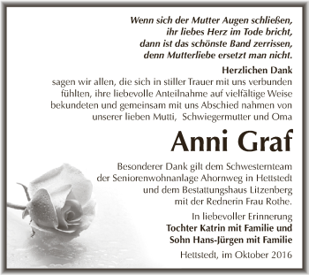 Traueranzeige von Anni Graf von Wochenspiegel Mansfelder Land