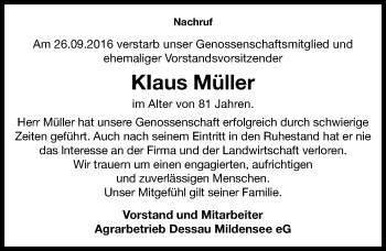 Traueranzeige von Klaus Müller von Mitteldeutsche Zeitung Dessau-Roßlau
