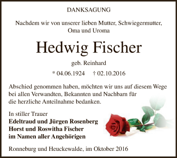 Traueranzeige von Hedwig Fischer von Super Sonntag Zeitz