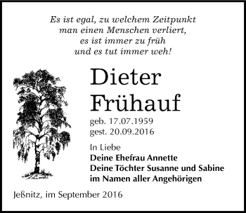 Traueranzeige von Dieter Frühauf von Mitteldeutsche Zeitung Bitterfeld