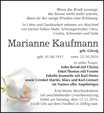 Traueranzeige von Marianne Kaufmann von Mitteldeutsche Zeitung Bitterfeld