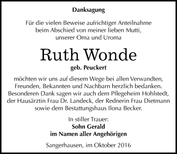 Traueranzeige von Ruth Wonde von Mitteldeutsche Zeitung Sangerhausen