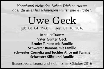 Traueranzeige von Uwe Geck von WVG - Wochenspiegel Merseburg