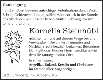 Traueranzeige von Kornelia Steinhübl von Super Sonntag Merseburg