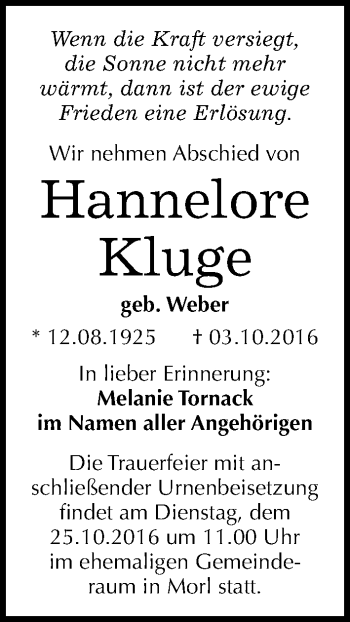 Traueranzeige von Hannelore Kluge von Mitteldeutsche Zeitung Halle/Saalkreis
