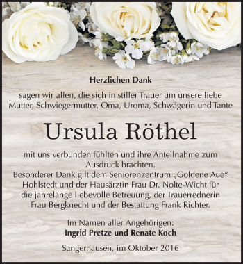 Traueranzeige von Ursula Röthel von Mitteldeutsche Zeitung Sangerhausen