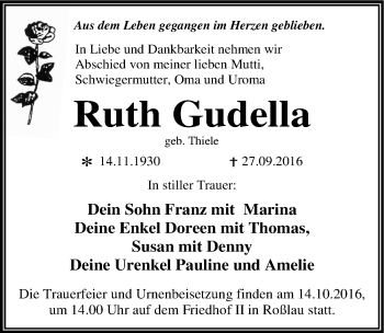 Traueranzeige von Ruth Gudella von Mitteldeutsche Zeitung Dessau-Roßlau