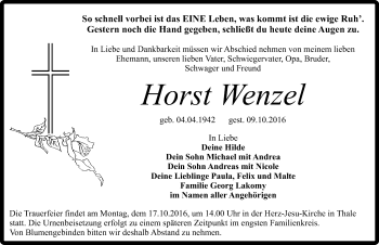 Traueranzeige von Horst Wenzel von Mitteldeutsche Zeitung Quedlinburg
